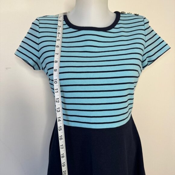 Talbots Dress Aqua Navy Blue Strpied Ribbed Knit A Line Flared Full Zip Sz S - Picture 6 of 15